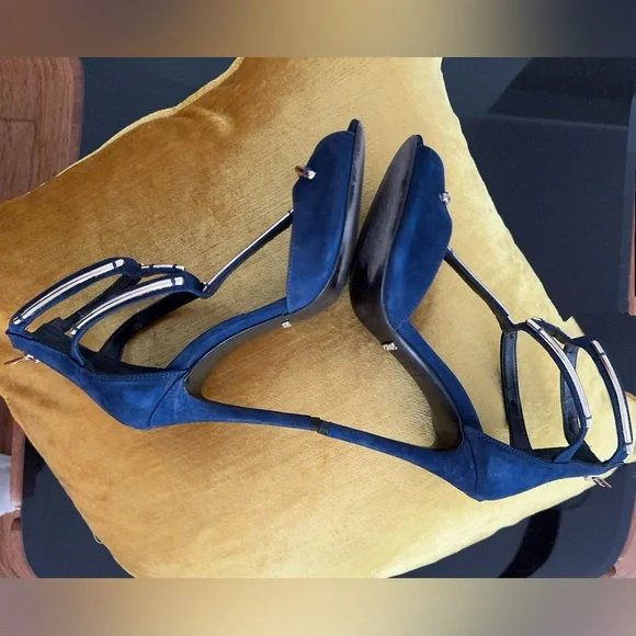 Schutz Sandalia Salto Alto Nobuck Sailfish heels navy/gold size 8 with box - Picture 8 of 16
